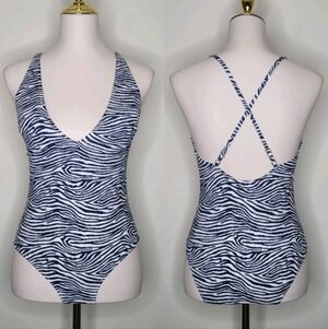H&M Sz 8 Dark Blue White Zebra Print Deep V Neck Cross Back One Piece Swimsuit